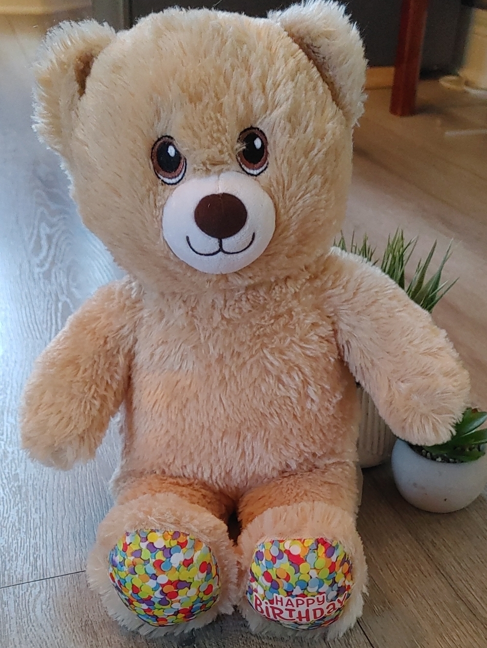 Beige Plush Teddy Bear with Colorful Birthday Paw Pads - Kids Toy